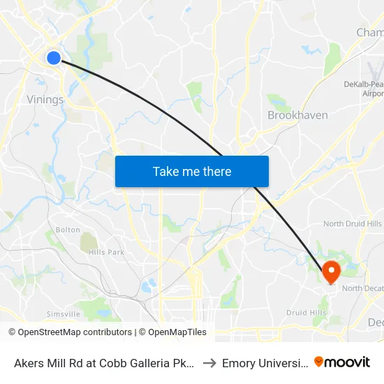 Akers Mill Rd at Cobb Galleria Pkwy to Emory University map
