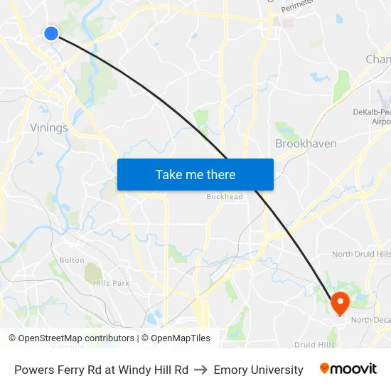 Powers Ferry Rd at Windy Hill Rd to Emory University map