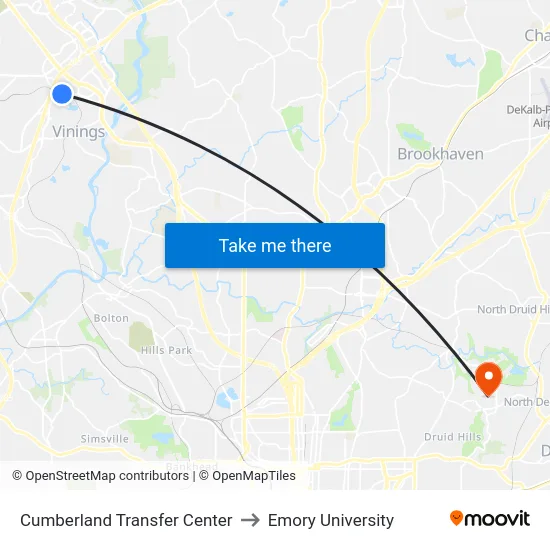 Cumberland Transfer Center to Emory University map