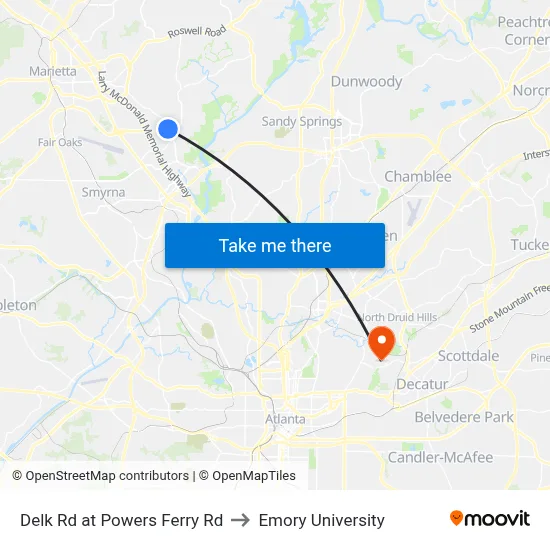 Delk Rd at Powers Ferry Rd to Emory University map