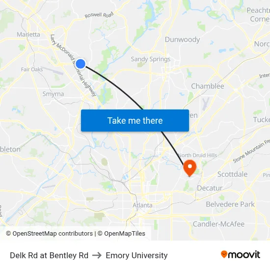 Delk Rd at Bentley Rd to Emory University map