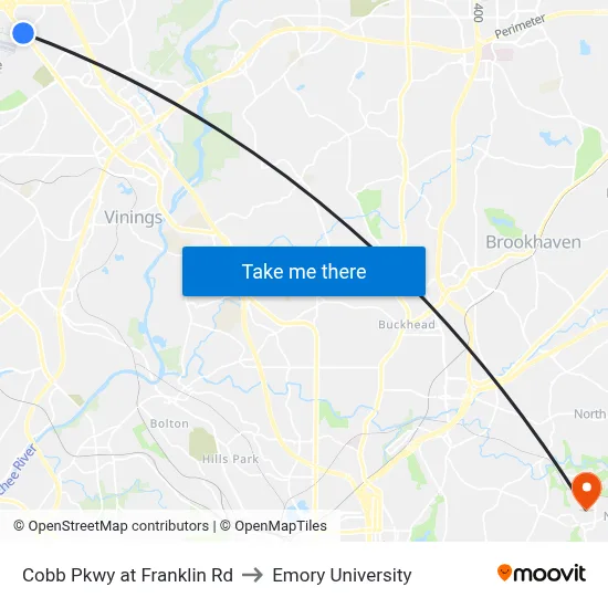 Cobb Pkwy at Franklin Rd to Emory University map