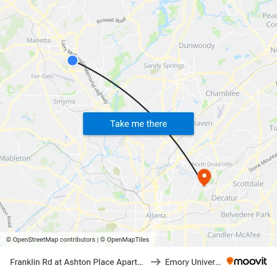 Franklin Rd at Ashton Place Apartments to Emory University map