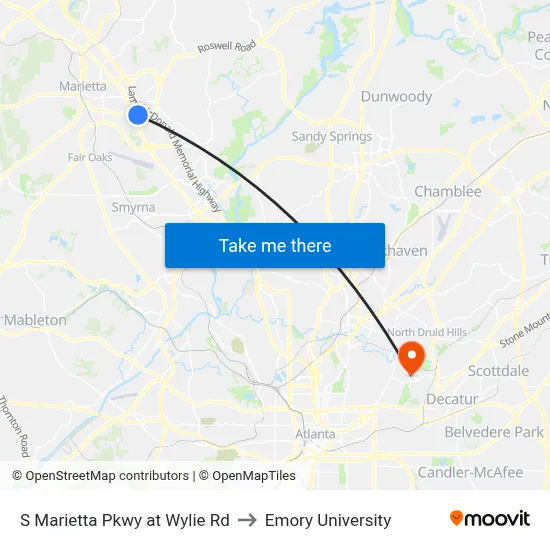 S Marietta Pkwy at Wylie Rd to Emory University map