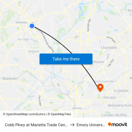 Cobb Pkwy at Marietta Trade Center to Emory University map
