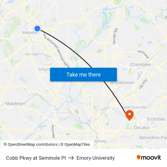 Cobb Pkwy at Seminole Pl to Emory University map