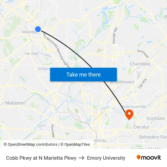 Cobb Pkwy at N Marietta Pkwy to Emory University map