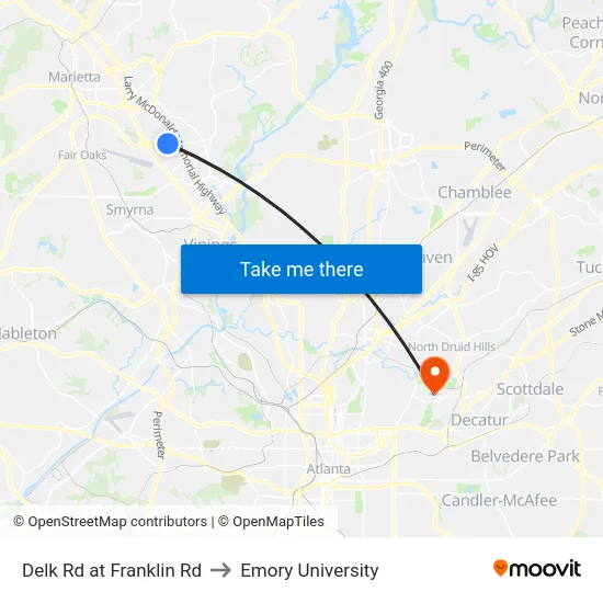 Delk Rd at Franklin Rd to Emory University map