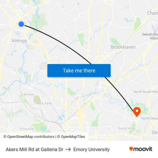 Akers Mill Rd at Galleria Dr to Emory University map