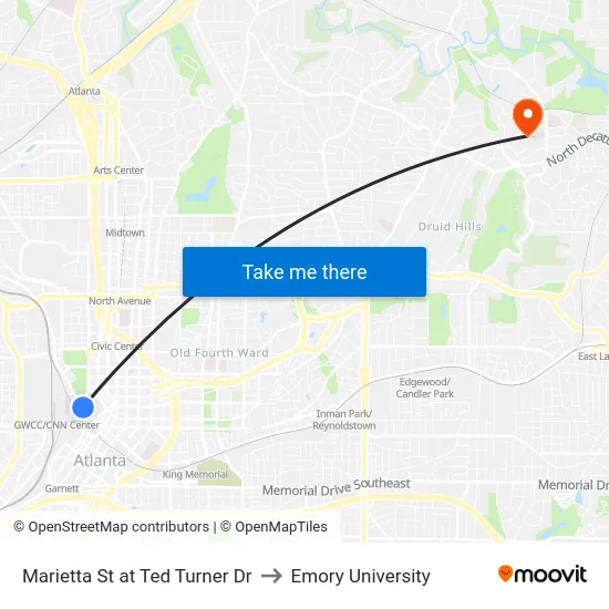 Marietta St at Ted Turner Dr to Emory University map