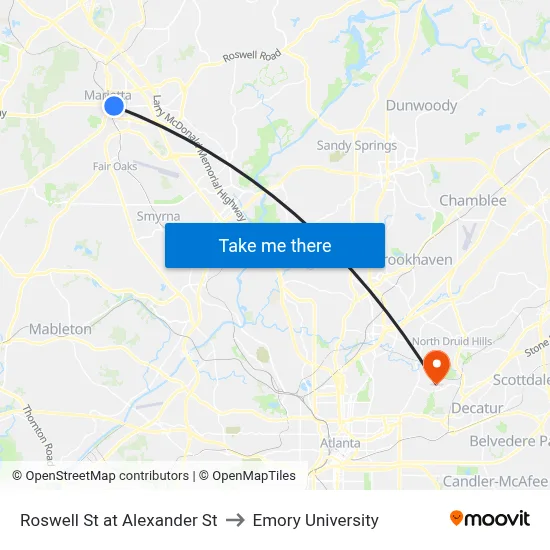 Roswell St at Alexander St to Emory University map