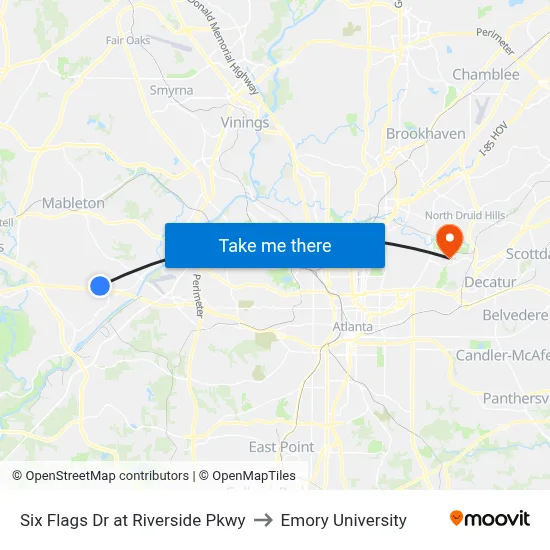 Six Flags Dr at Riverside Pkwy to Emory University map