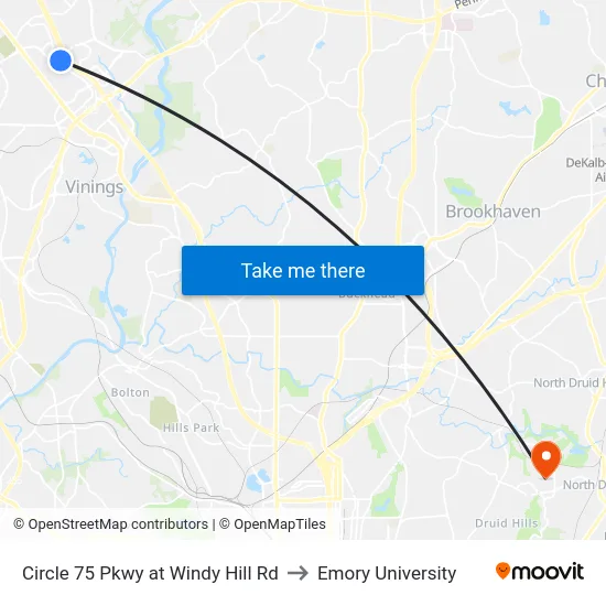 Circle 75 Pkwy at Windy Hill Rd to Emory University map