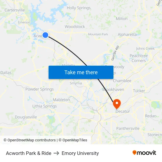 Acworth Park & Ride to Emory University map