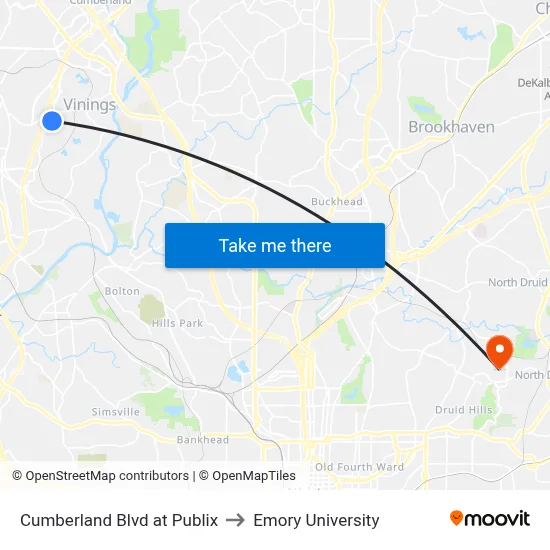 Cumberland Blvd at Publix to Emory University map