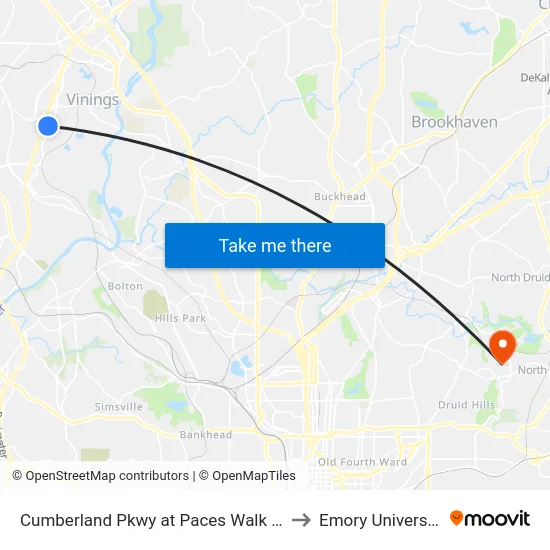 Cumberland Pkwy at Paces Walk SE to Emory University map