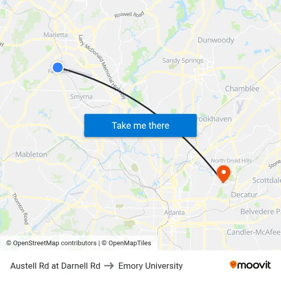 Austell Rd at Darnell Rd to Emory University map