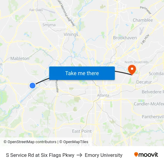 S Service Rd at Six Flags Pkwy to Emory University map