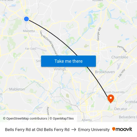 Bells Ferry Rd at Old Bells Ferry Rd to Emory University map