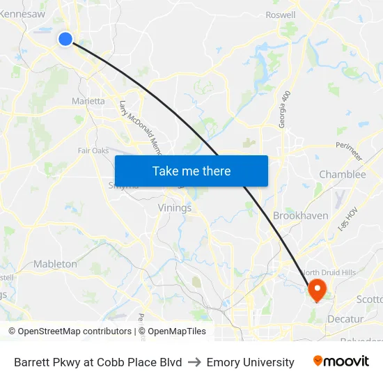 Barrett Pkwy at Cobb Place Blvd to Emory University map