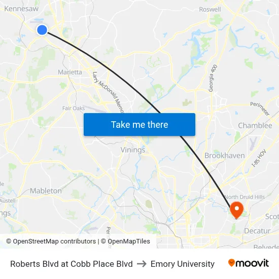 Roberts Blvd at Cobb Place Blvd to Emory University map