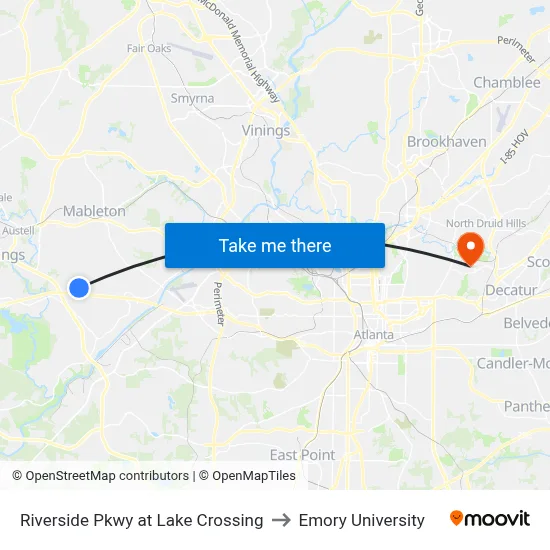Riverside Pkwy at Lake Crossing to Emory University map