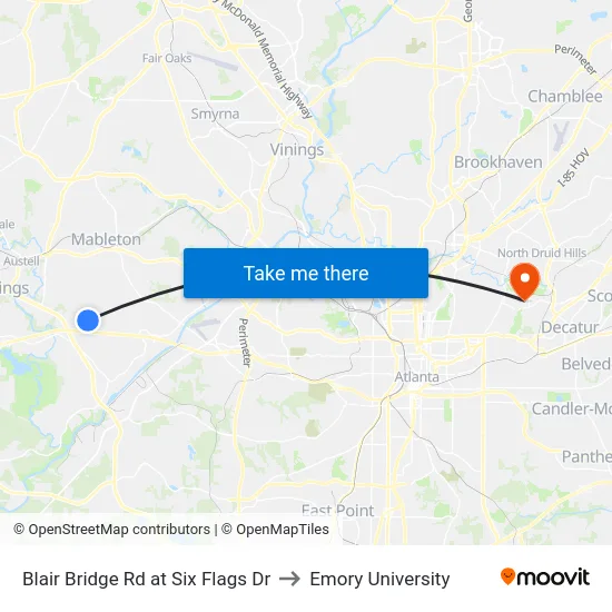 Blair Bridge Rd at Six Flags Dr to Emory University map