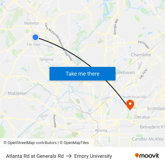 Atlanta Rd at Generals Rd to Emory University map