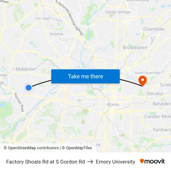 Factory Shoals Rd at S Gordon Rd to Emory University map