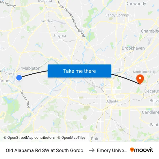 Old Alabama Rd SW at South Gordon Rd SW to Emory University map