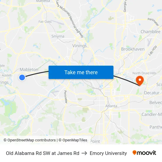 Old Alabama Rd SW at James Rd to Emory University map