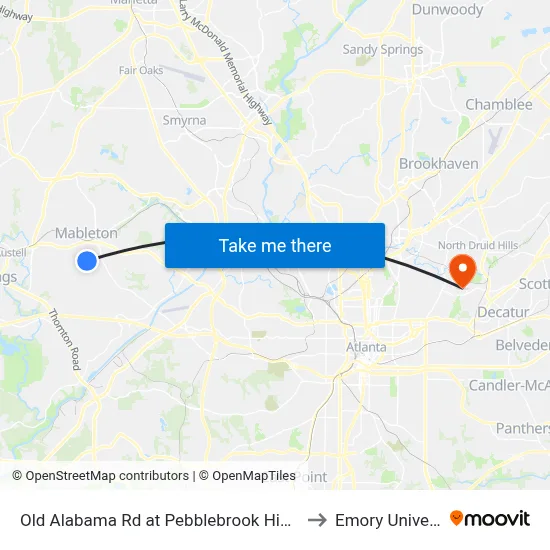 Old Alabama Rd at Pebblebrook High Schoo to Emory University map