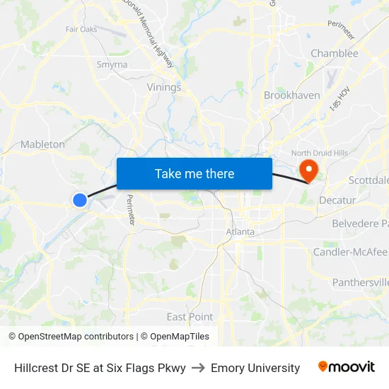 Hillcrest Dr SE at Six Flags Pkwy to Emory University map