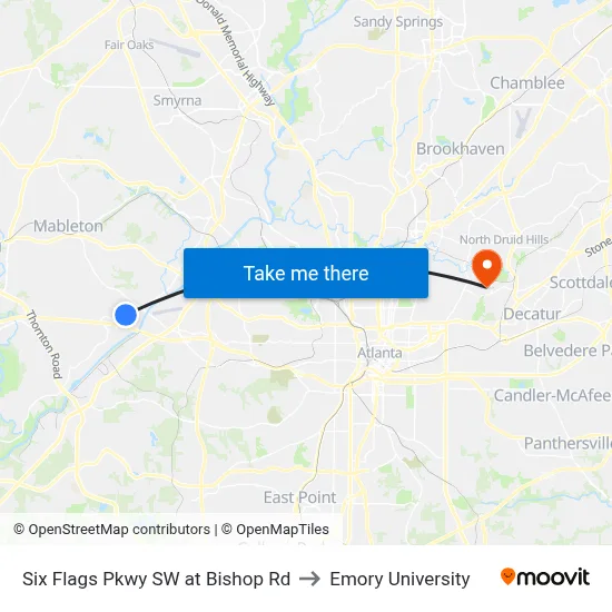 Six Flags Pkwy SW at Bishop Rd to Emory University map