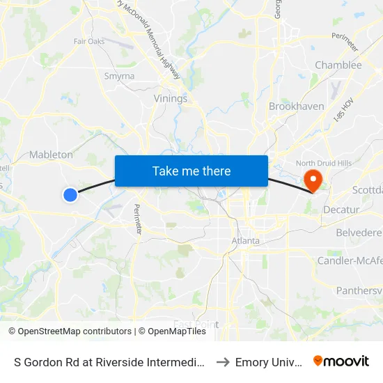 S Gordon Rd at Riverside Intermediate School to Emory University map