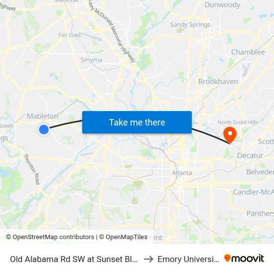 Old Alabama Rd SW at Sunset Blvd to Emory University map