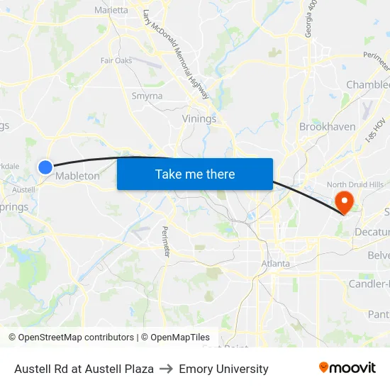Austell Rd at Austell Plaza to Emory University map