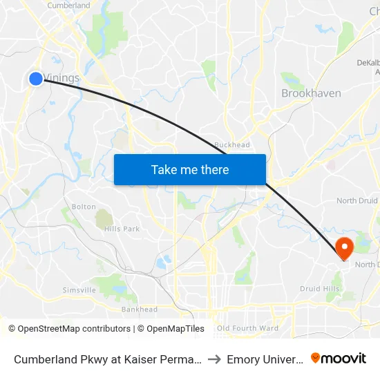 Cumberland Pkwy at Kaiser Permanente to Emory University map