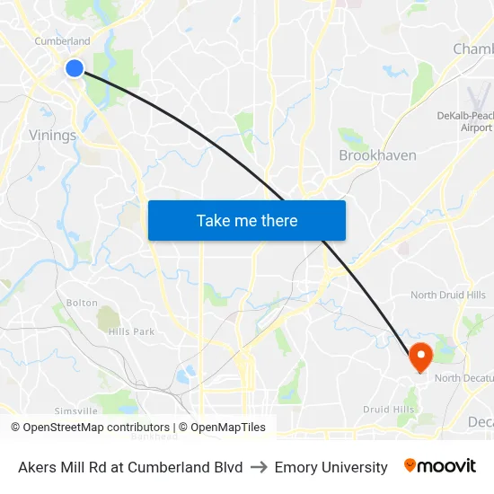 Akers Mill Rd at Cumberland Blvd to Emory University map