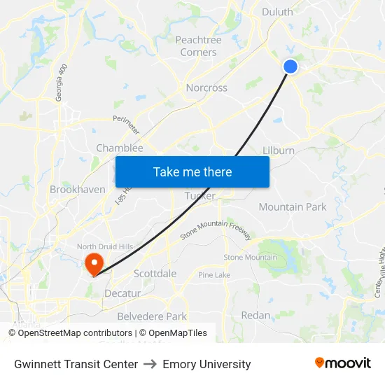 Gwinnett Transit Center to Emory University map