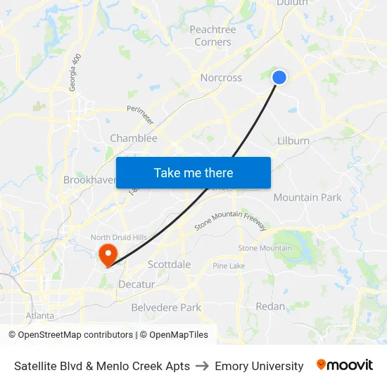 Satellite Blvd & Menlo Creek Apts to Emory University map