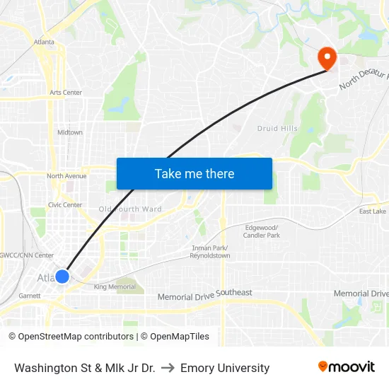 Washington St & Mlk Jr Dr. to Emory University map