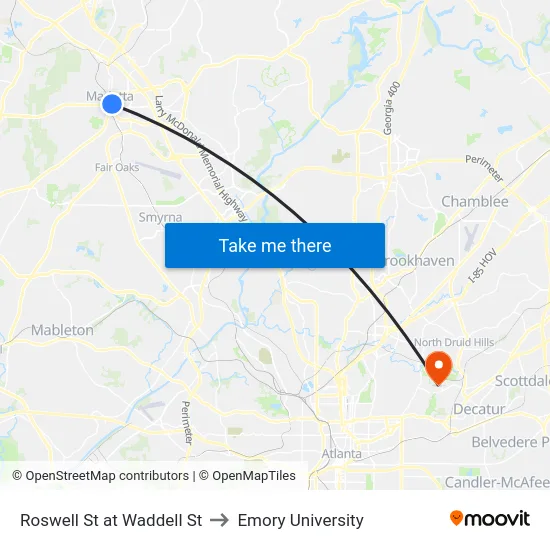 Roswell St at Waddell St to Emory University map