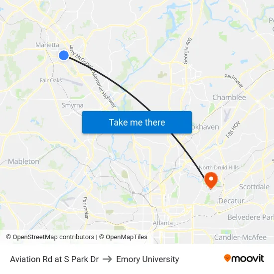 Aviation Rd at S Park Dr to Emory University map