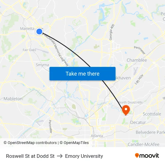 Roswell St at Dodd St to Emory University map