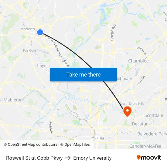 Roswell St at Cobb Pkwy to Emory University map