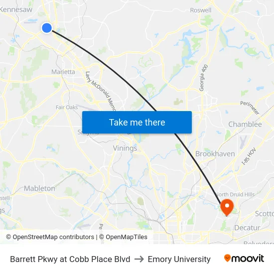 Barrett Pkwy at Cobb Place Blvd to Emory University map