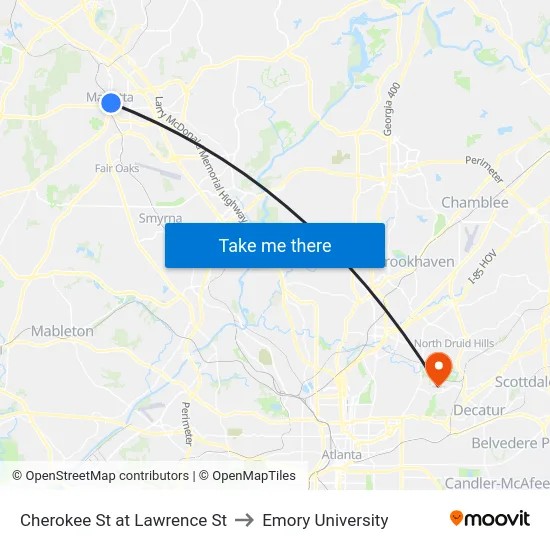 Cherokee St at Lawrence St to Emory University map