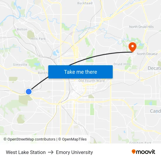 West Lake Station to Emory University map