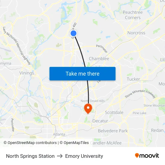 North Springs Station to Emory University map